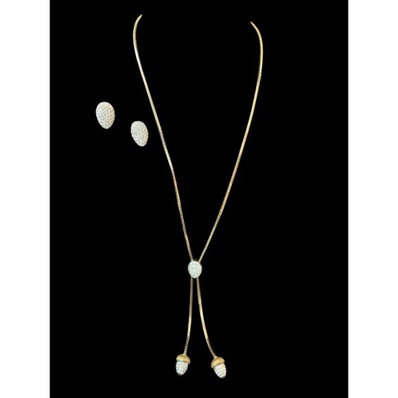 Jewelry - Vintage Acorn Gold-Tone Pendant Necklace & Matching Crystal Stud Earrings Set